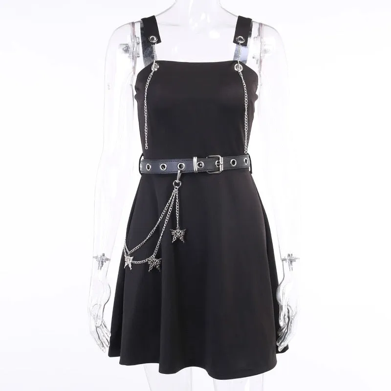 VenusFox Gothic Aesthetic Sexy High Waist A Line Dress Y2K Punk Mall Goth Chain Belts Spaghetti Straps Mini Dress Egirl Emo Alt Clothes