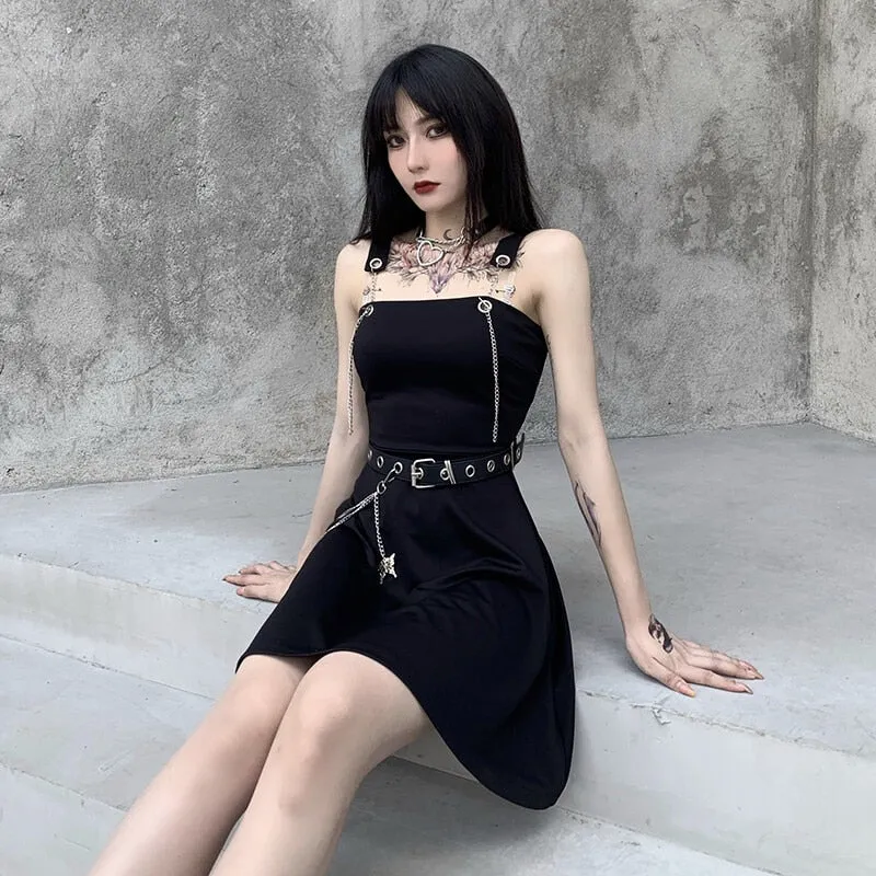 VenusFox Gothic Aesthetic Sexy High Waist A Line Dress Y2K Punk Mall Goth Chain Belts Spaghetti Straps Mini Dress Egirl Emo Alt Clothes