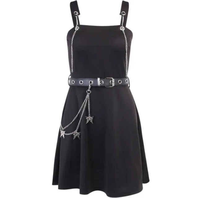 VenusFox Gothic Aesthetic Sexy High Waist A Line Dress Y2K Punk Mall Goth Chain Belts Spaghetti Straps Mini Dress Egirl Emo Alt Clothes