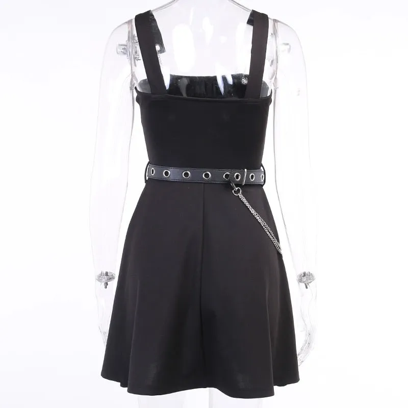 VenusFox Gothic Aesthetic Sexy High Waist A Line Dress Y2K Punk Mall Goth Chain Belts Spaghetti Straps Mini Dress Egirl Emo Alt Clothes