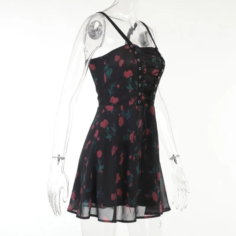 VenusFox Gothic Autumn Sexy Punk Woman High Waist A Line Dress Vintage Goth Dark Bandage Flower Print Mesh Y2K Chiffon Dress  Alt Clothes
