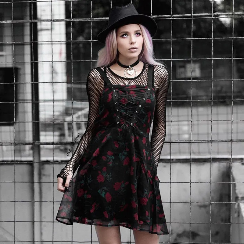 VenusFox Gothic Autumn Sexy Punk Woman High Waist A Line Dress Vintage Goth Dark Bandage Flower Print Mesh Y2K Chiffon Dress  Alt Clothes