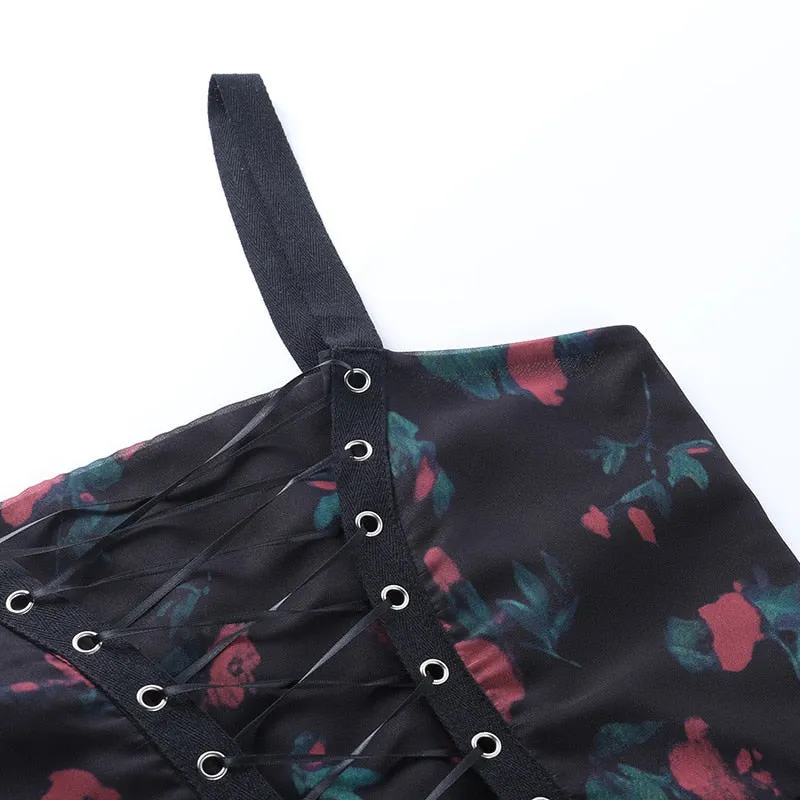 VenusFox Gothic Autumn Sexy Punk Woman High Waist A Line Dress Vintage Goth Dark Bandage Flower Print Mesh Y2K Chiffon Dress  Alt Clothes
