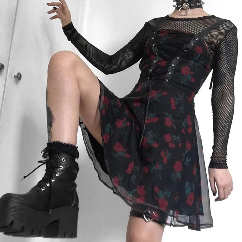 VenusFox Gothic Autumn Sexy Punk Woman High Waist A Line Dress Vintage Goth Dark Bandage Flower Print Mesh Y2K Chiffon Dress  Alt Clothes