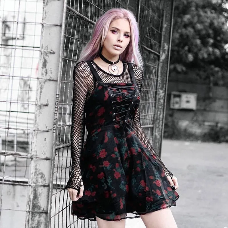 VenusFox Gothic Autumn Sexy Punk Woman High Waist A Line Dress Vintage Goth Dark Bandage Flower Print Mesh Y2K Chiffon Dress  Alt Clothes