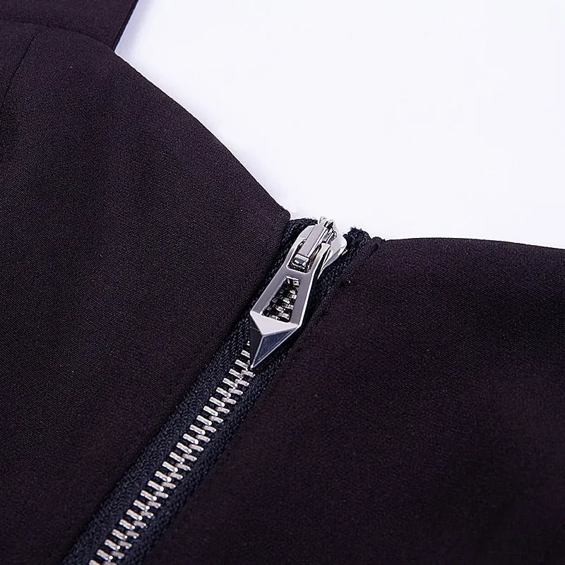 VenusFox Gothic Spaghetti Strap BlackBackless Dress Streetwear Punk Mini Dresses Grunge High Waist Metal Belt A-Line Zipper Goth Clothes
