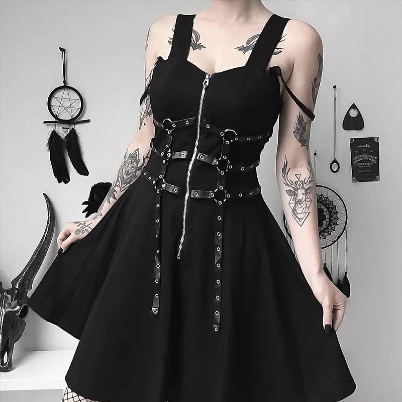 VenusFox Gothic Spaghetti Strap BlackBackless Dress Streetwear Punk Mini Dresses Grunge High Waist Metal Belt A-Line Zipper Goth Clothes