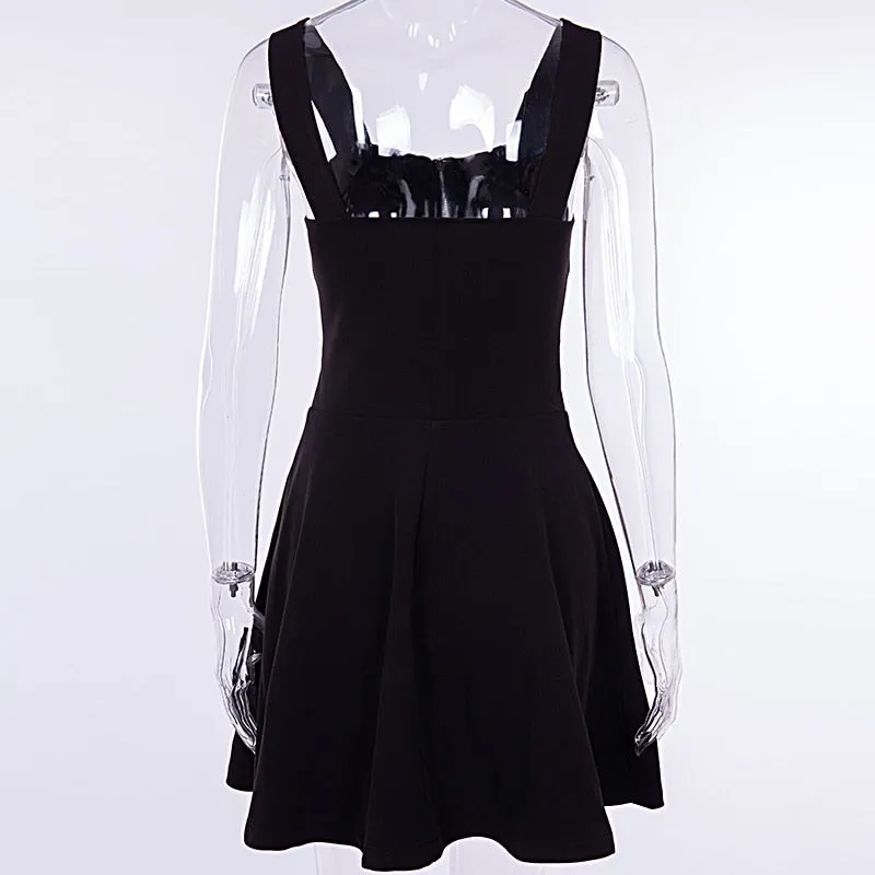 VenusFox Gothic Spaghetti Strap BlackBackless Dress Streetwear Punk Mini Dresses Grunge High Waist Metal Belt A-Line Zipper Goth Clothes