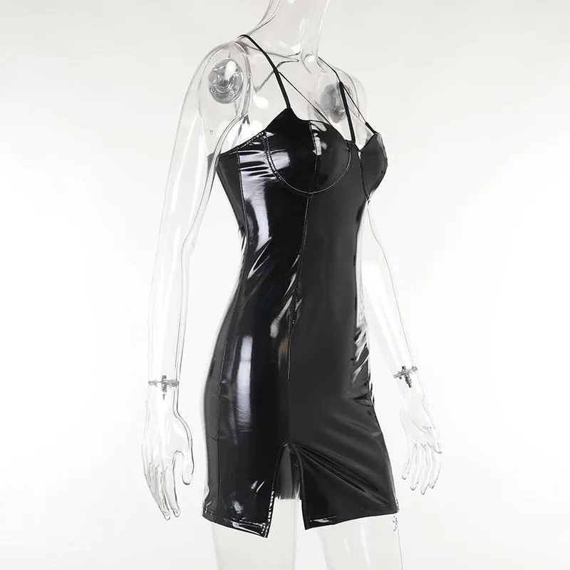 VenusFox Gothic Summer Sexy High Waist Woman Dress Mall Goth Punk V Neck Zipper Split Y2K Spaghetti Strap Dress Egirl Club Alt Clothes