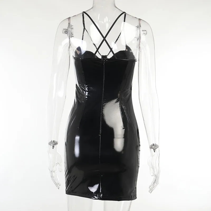 VenusFox Gothic Summer Sexy High Waist Woman Dress Mall Goth Punk V Neck Zipper Split Y2K Spaghetti Strap Dress Egirl Club Alt Clothes