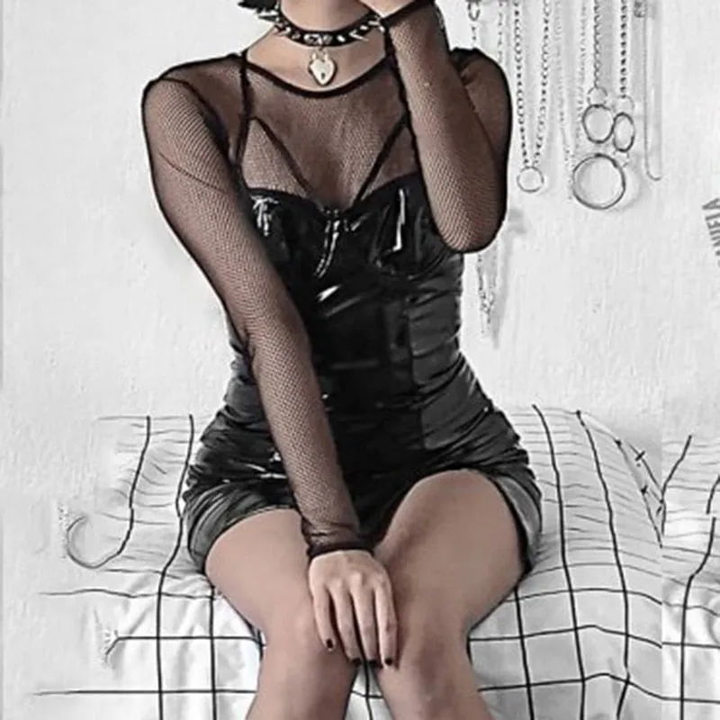VenusFox Gothic Summer Sexy High Waist Woman Dress Mall Goth Punk V Neck Zipper Split Y2K Spaghetti Strap Dress Egirl Club Alt Clothes