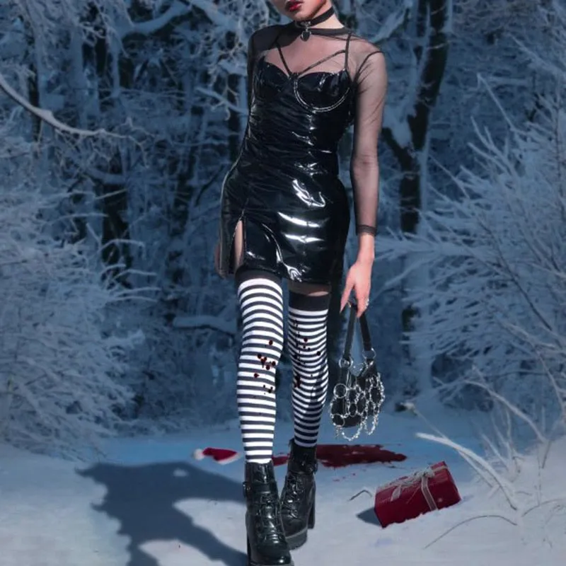 VenusFox Gothic Summer Sexy High Waist Woman Dress Mall Goth Punk V Neck Zipper Split Y2K Spaghetti Strap Dress Egirl Club Alt Clothes
