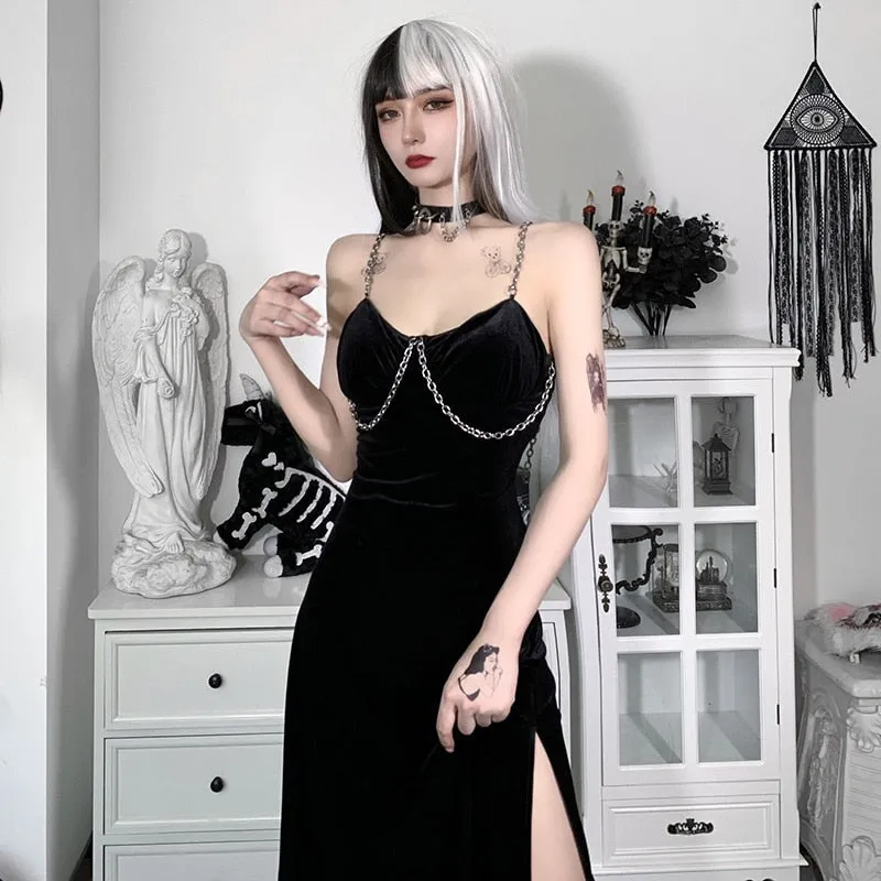 VenusFox Sexy Vintage Gothic Grunge Black Party Robe Women Dark Goth Punk Rock Velvet Chain Strap Midi Dress Split Summer Ladies Clothes