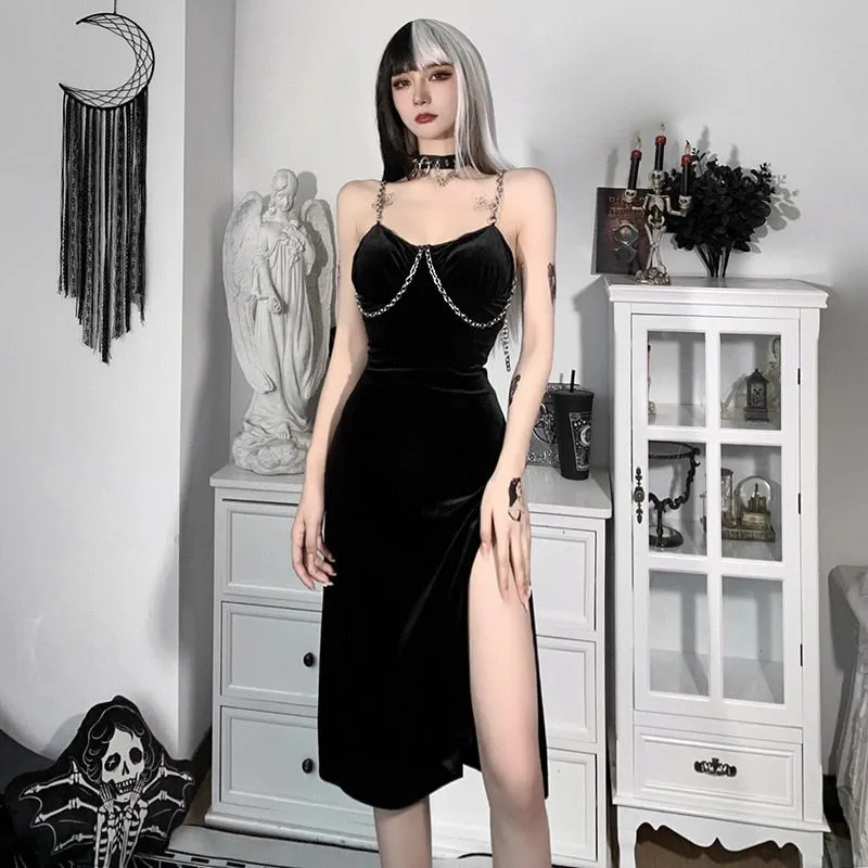 VenusFox Sexy Vintage Gothic Grunge Black Party Robe Women Dark Goth Punk Rock Velvet Chain Strap Midi Dress Split Summer Ladies Clothes