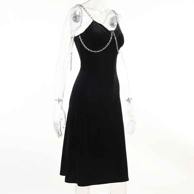 VenusFox Sexy Vintage Gothic Grunge Black Party Robe Women Dark Goth Punk Rock Velvet Chain Strap Midi Dress Split Summer Ladies Clothes