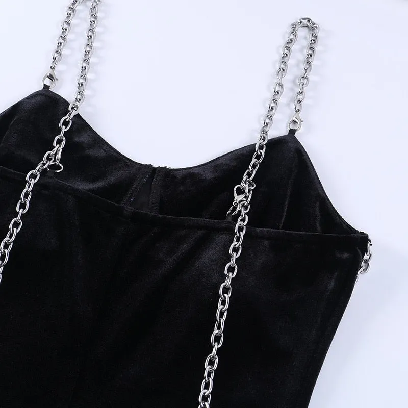VenusFox Sexy Vintage Gothic Grunge Black Party Robe Women Dark Goth Punk Rock Velvet Chain Strap Midi Dress Split Summer Ladies Clothes