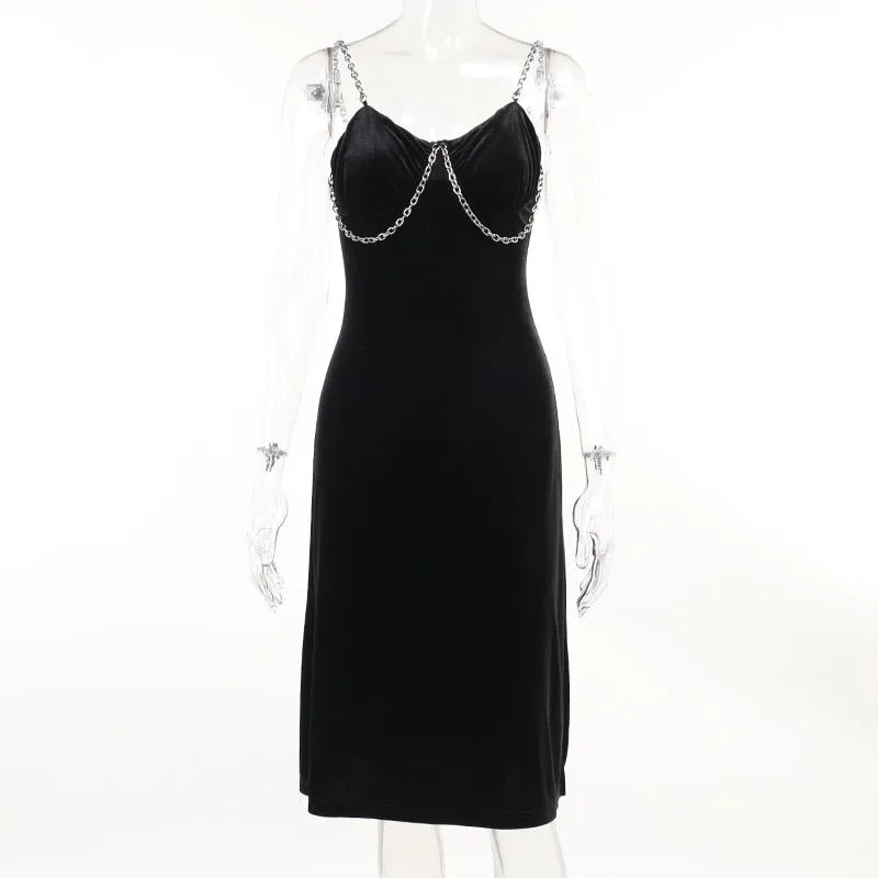 VenusFox Sexy Vintage Gothic Grunge Black Party Robe Women Dark Goth Punk Rock Velvet Chain Strap Midi Dress Split Summer Ladies Clothes