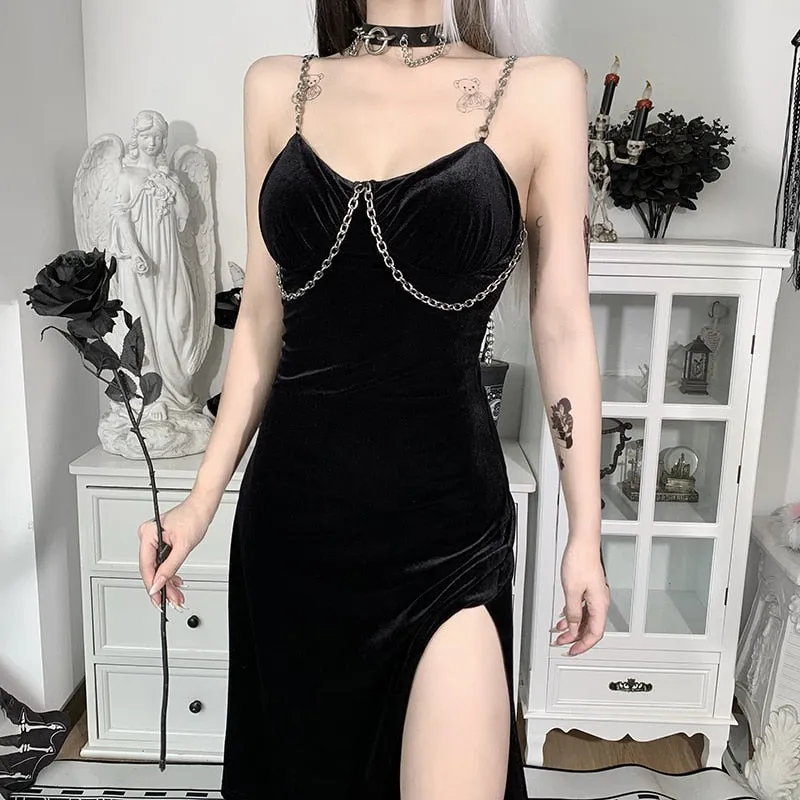 VenusFox Sexy Vintage Gothic Grunge Black Party Robe Women Dark Goth Punk Rock Velvet Chain Strap Midi Dress Split Summer Ladies Clothes