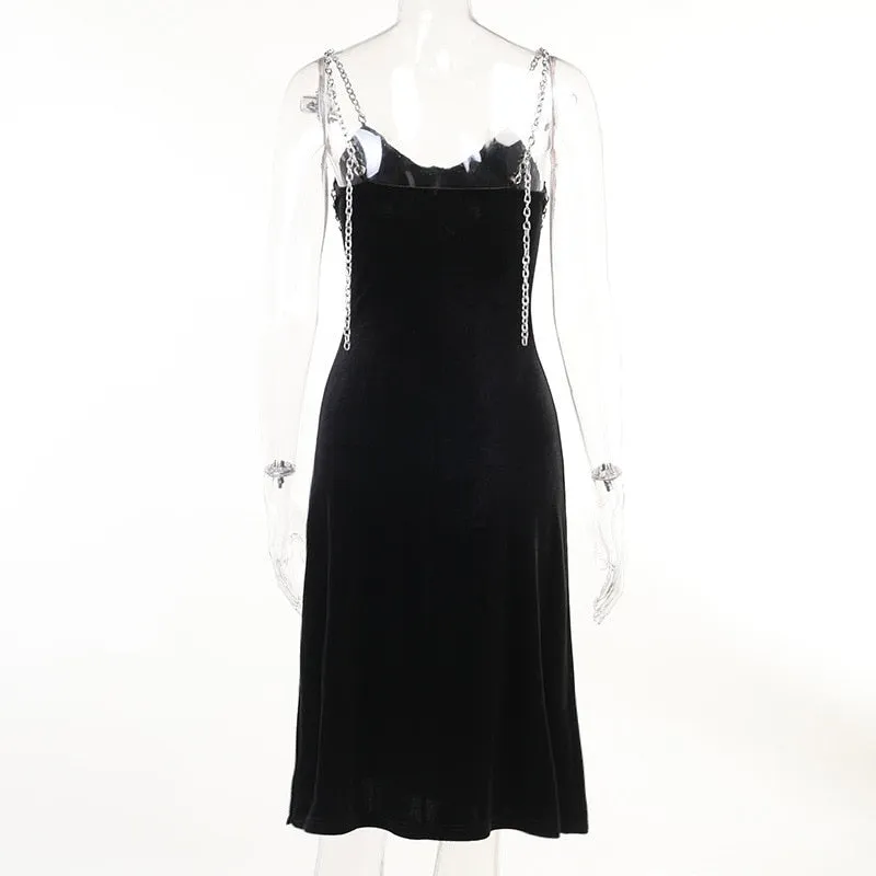 VenusFox Sexy Vintage Gothic Grunge Black Party Robe Women Dark Goth Punk Rock Velvet Chain Strap Midi Dress Split Summer Ladies Clothes