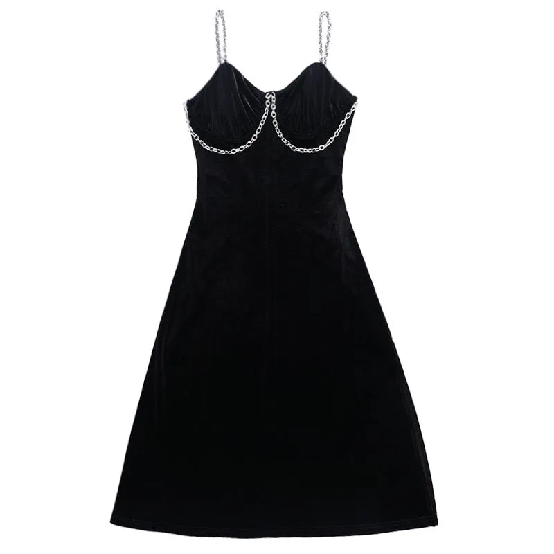 VenusFox Sexy Vintage Gothic Grunge Black Party Robe Women Dark Goth Punk Rock Velvet Chain Strap Midi Dress Split Summer Ladies Clothes