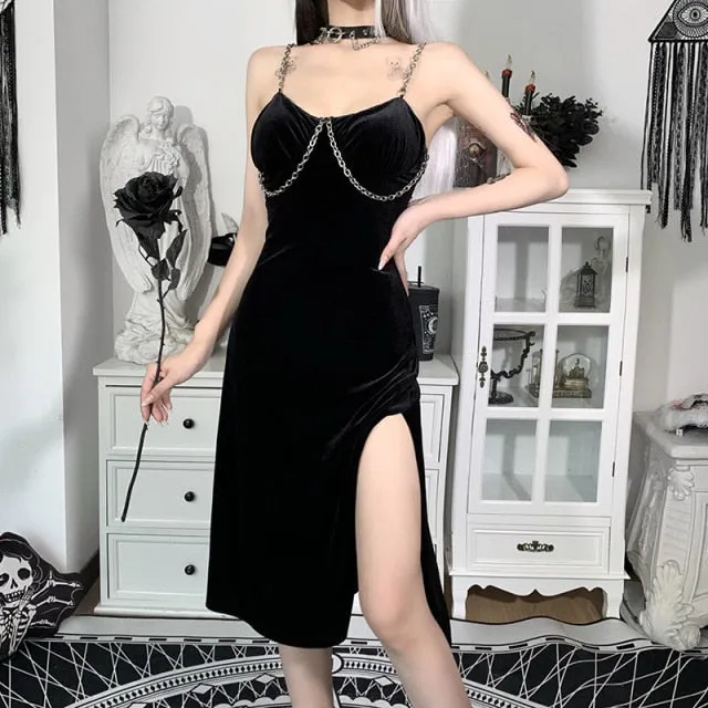 VenusFox Sexy Vintage Gothic Grunge Black Party Robe Women Dark Goth Punk Rock Velvet Chain Strap Midi Dress Split Summer Ladies Clothes