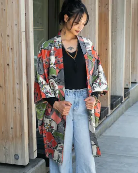 Vintage Haori Jacket, Multi-Color Abstract Landscape and Leaves