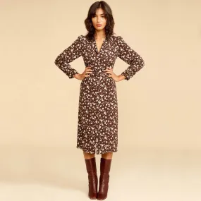 Vintage Long Sleeve Button Front V Neck Midi Floral Dress - Coffee