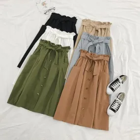 Vintage Solid Colors High Waist Bow Belt Midi Skirt