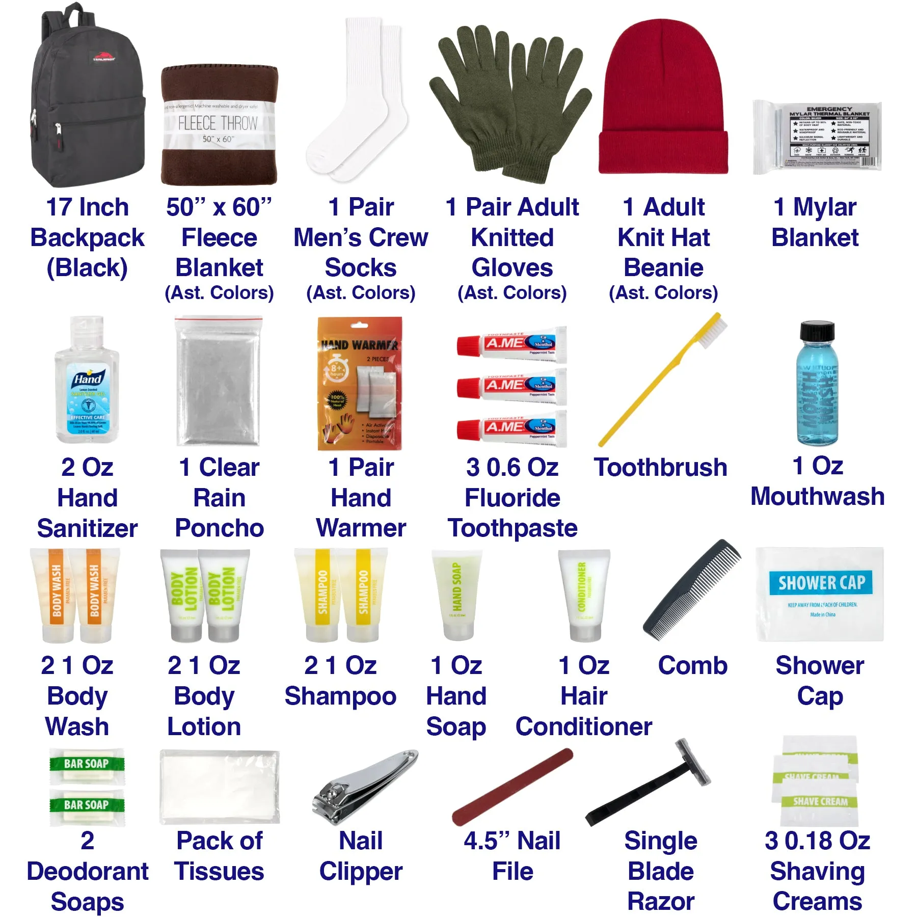 Warm Essential 34-Piece Homeless Care Hygiene Kit with Backpack, Poncho, Socks