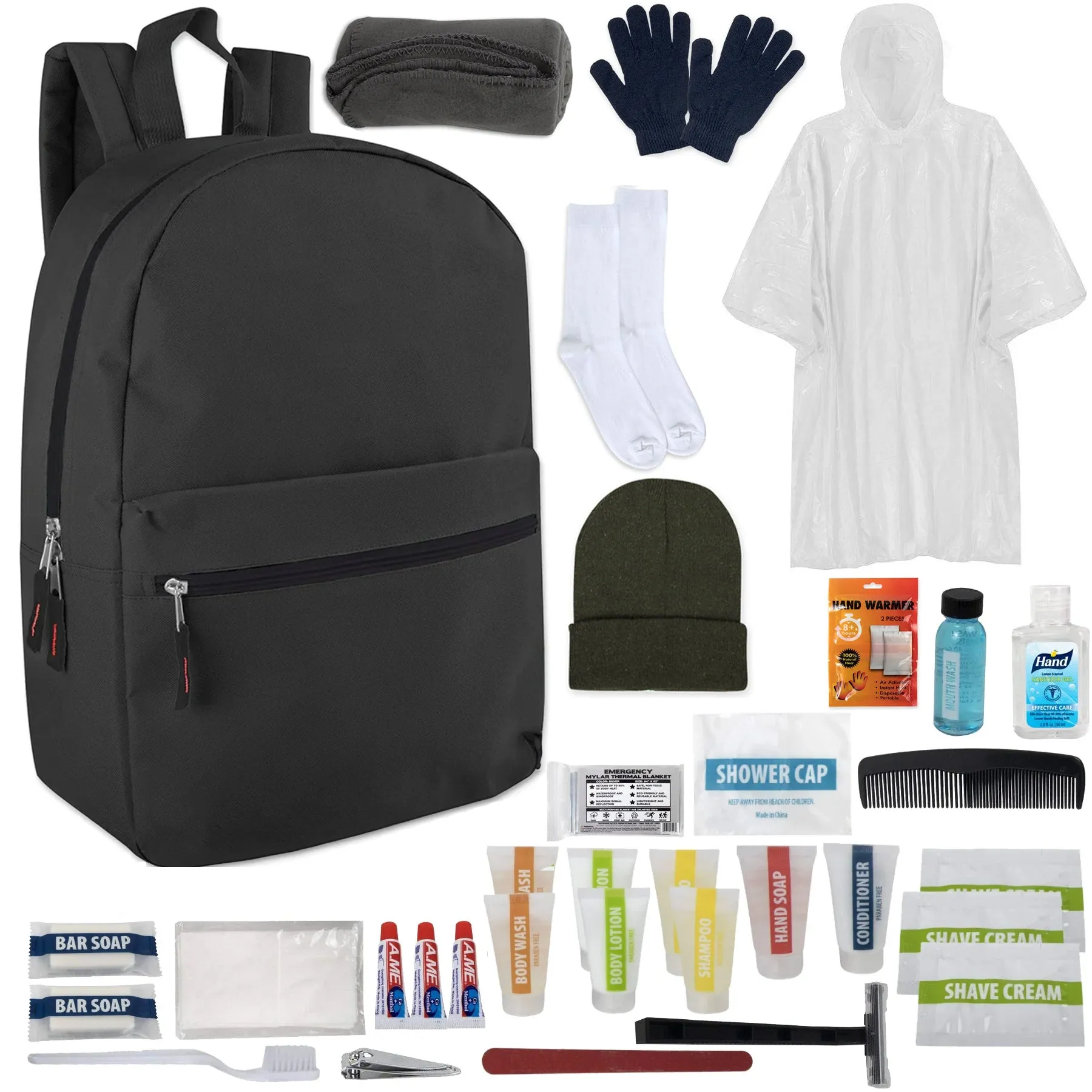 Warm Essential 34-Piece Homeless Care Hygiene Kit with Backpack, Poncho, Socks