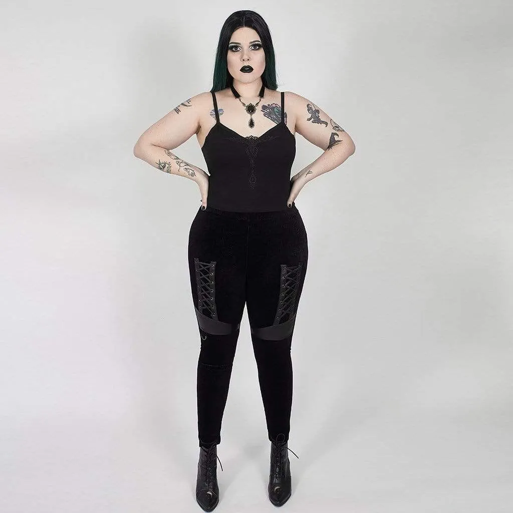 Women's Gothic Punk Black Noodle Strap Camisole with Embroidered Motif